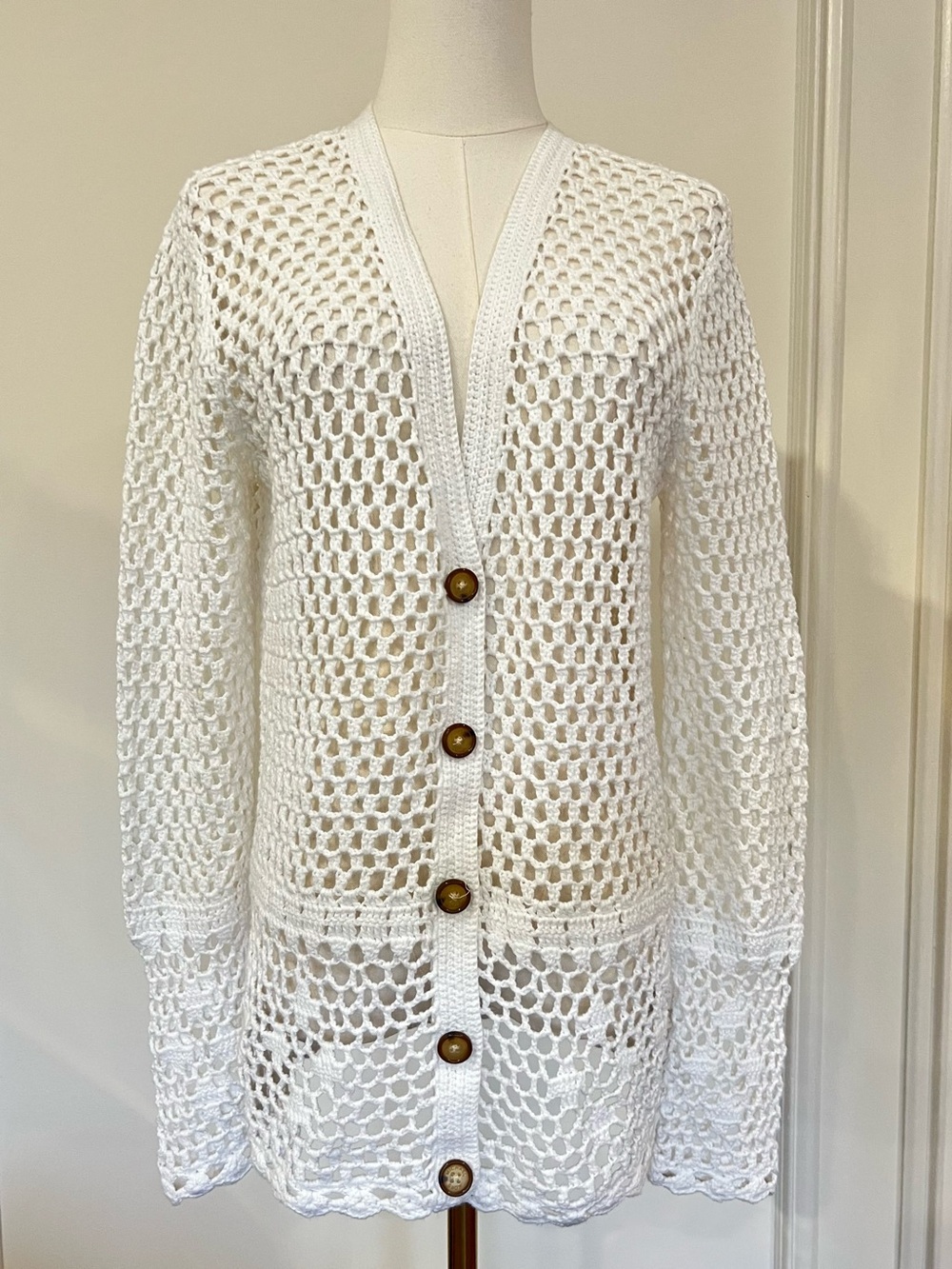 Michael Kors White Crochet Open Knit Cardigan Coastal Euro Summer Boho Sz L